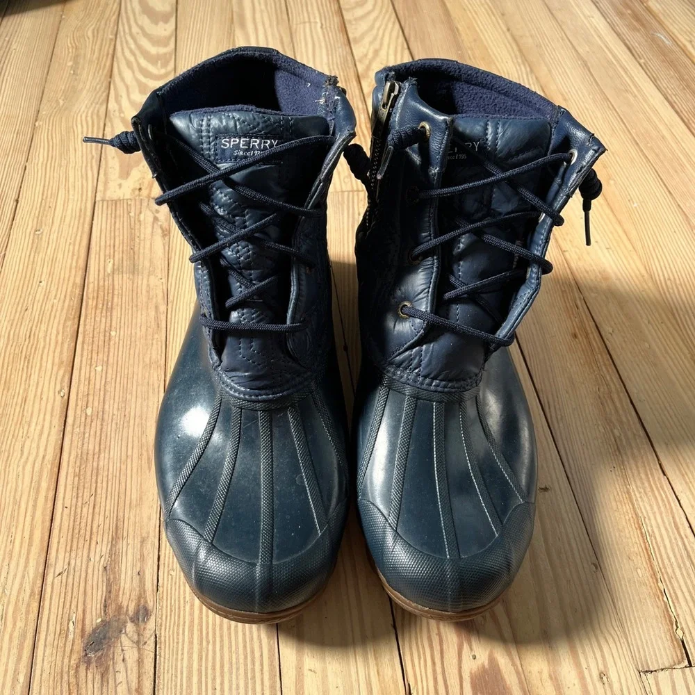 Sperry Saltwater Duck Boots Womens 11 Navy Blue Quilted Waterproof Rain Winter